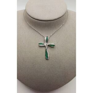 Green Emerald Cut & Clear CZ Cross Necklace 18” + 2” Extender